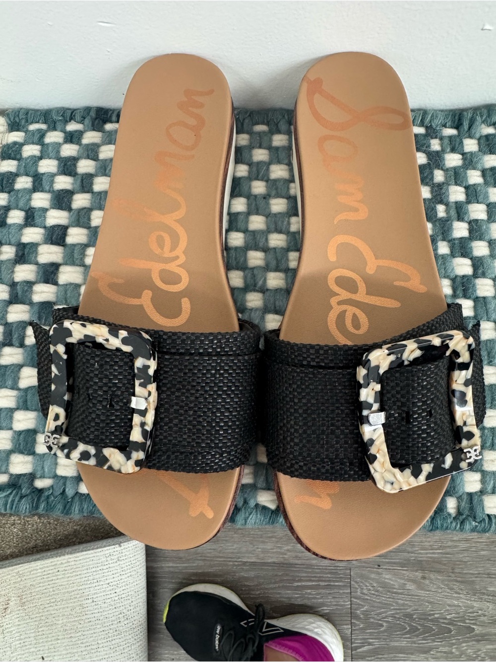 Sam Edelman Black Slide Sandals with Tortoiseshell Buckle Accent